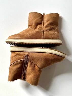 Zara Kids Girl 9.5 Cozy Brown Boho Tan Suede Shearling Ankle Boots with side Zip